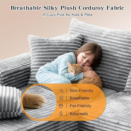 106''Boneless Couches for Living Room, L Shaped Modular Sectional Sofa with Chaise Lounge, Faux Rabbit Fur & Layered Cushion Deep Seat Cloud Couch, No Assembly (Grey, Right Facing Chaise)
