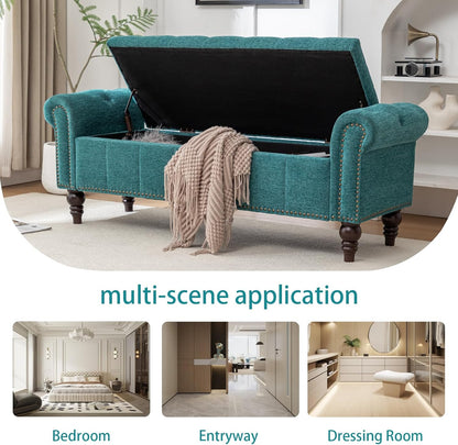 58’’ Storage Bench for Bedroom, Upholstered Button-Tufted Ottoman with Solid Wood Legs, Queen Size End of Bed Shoe Cabinet, Window Seat Foot Rest Stool for Entryway, Living Room (Teal)