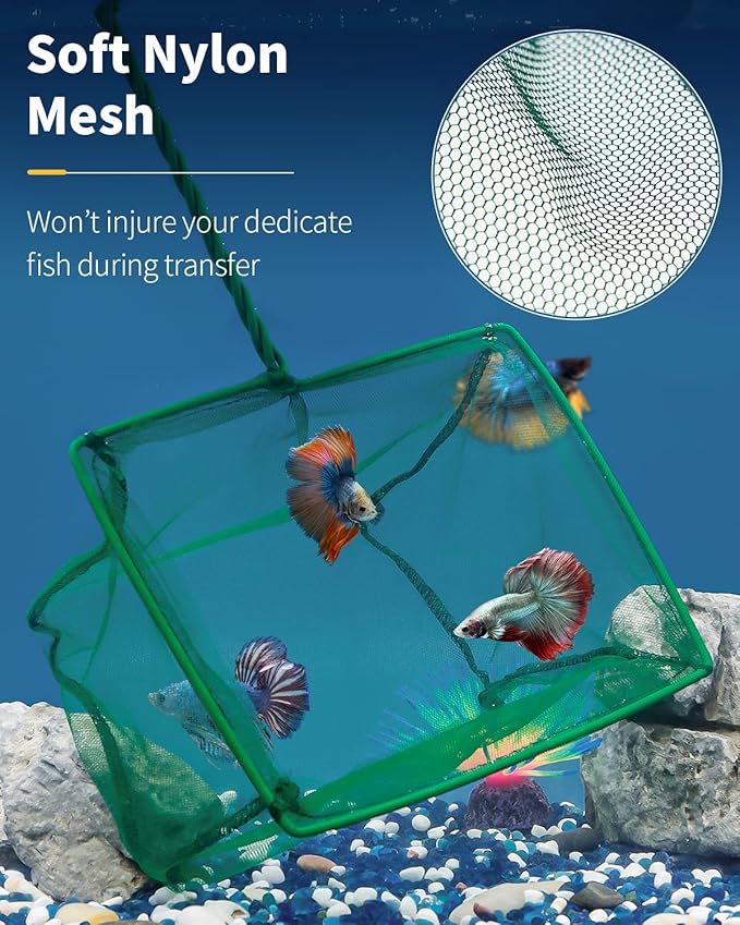 Pawfly Aquarium Fish Net with Braided Metal Handle Square Net with Soft Fine Mesh Sludge Food Residue Wastes Skimming Cleaning Net for Fish Tanks Small Koi Ponds and Pools