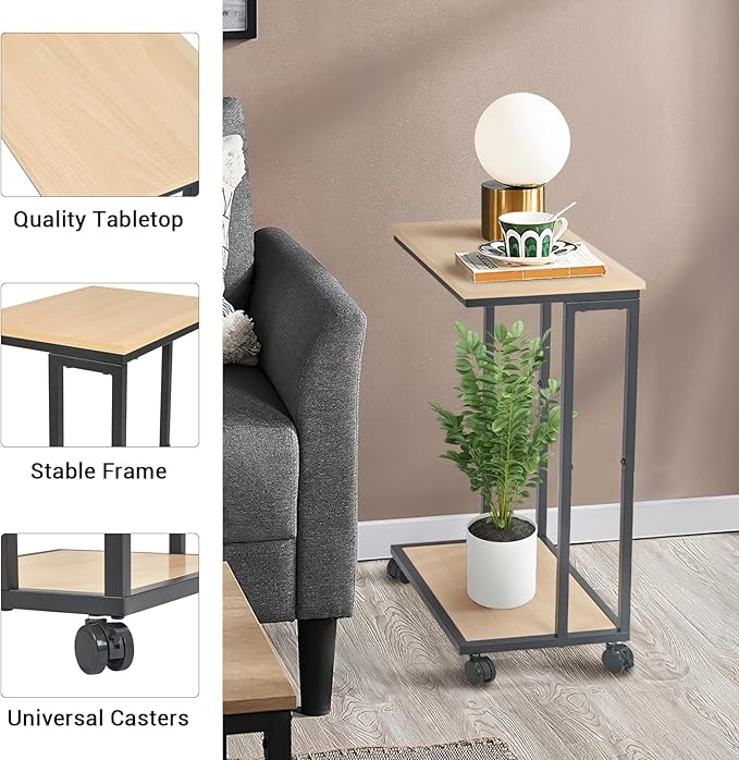 C-Shaped End Table for Couch, Slide Under Sofa Snack Table, Small TV Tray, C Table with Wheels, Laptop Desk for Living Room, Bedroom, Small Spaces,White Maple