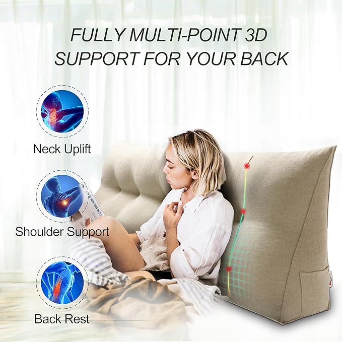 WOWMAX 80% Cotton & 20% Linen Blend Headboard Pillow – King Size Reading Wedge Backrest for Bed, Handmade Firm Support Bolster Cushion with Removable Cover, Premium Bed Rest Pillow, Natural Color