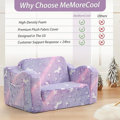 MeMoreCool Toddler Chair Comfy 1-3 Years Old, Kids Couch for Playroom, Convertible Glowing Unicorn Flip Out Sofa, Kids Furniture Floor Recliner Chair Bed