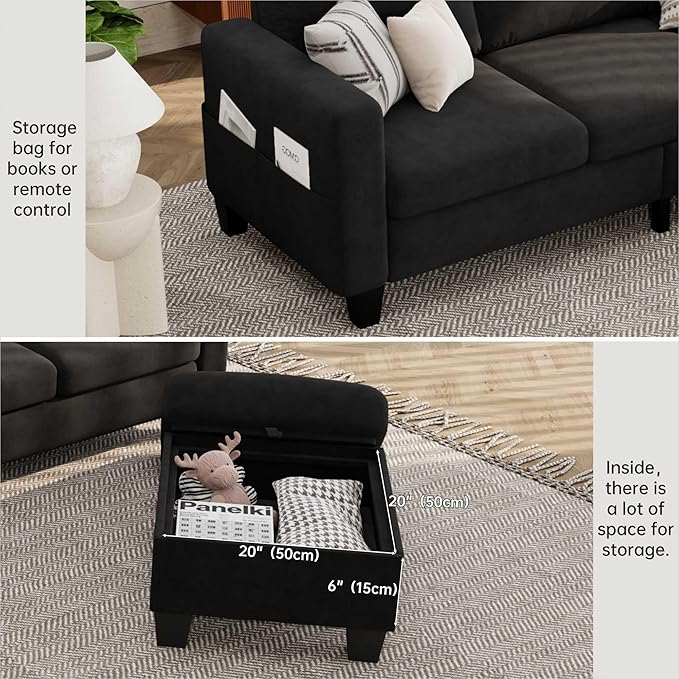 Small Sectional Couch, L Shaped Sectional Black Couch in a Box, Small Couches with Ottoman, 3 Seater Sofa for Living Room, Apartment, Dorm, Office