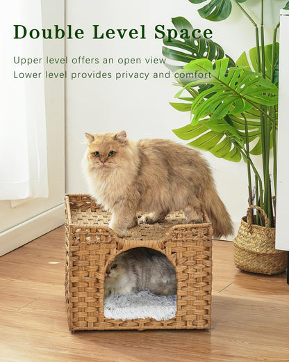 Cat Beds Indoor Kitten House, Handwoven Rattan Cat Cave Pet Cube, Large Cat Houses, One Bed Mat, Foldable, Hideaway, 16.5x16.5x13.2 Inches, 2 S-Shaped Hooks in Living Room Bedroom Natural