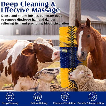 3 Pack Livestock Scratching Brush, Blue and Yellow | Animal Scratcher, Itch Relief Grooming, Horse Goat Cow Scratcher, Fence Post Mounting, Durable Bristles, Farm Livestock Care