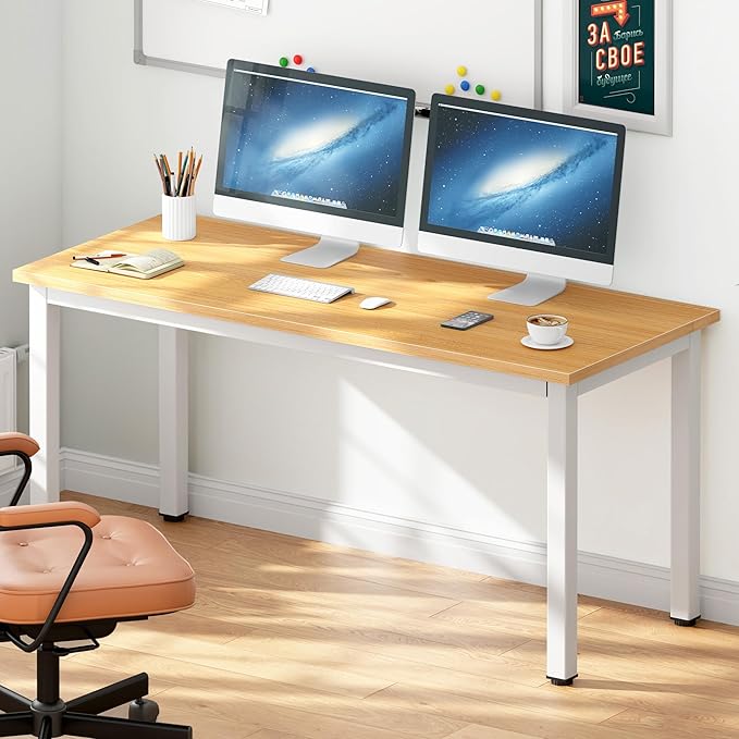 DlandHome Large Computer Desk, Composite Wood Board, Decent and Steady Home Office Desk/Workstation/Table 54.3inch Teak White