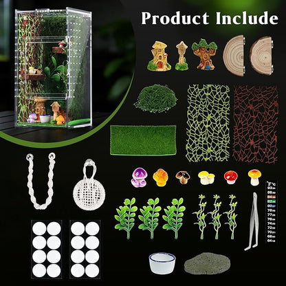 Jumping Spider Enclosure Kit, Small Acrylic Reptile Terrarium with Magnetic Door, Bug Habitat with 30 Pcs Jumping Spider Accessories for Tarantula, Mantis, Small Reptiles, 4" x 4" x 8"
