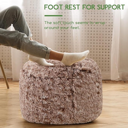 HIGOGOGO Round Stuffed Pouf Ottoman, Long Faux Fur Poufs with Foam Chunk Filling, Fluffy and Furry Pouf Foot Stool Storage Ottoman, 26 X 18 Floor Poufs Foot Rest for Living Room,Coffee