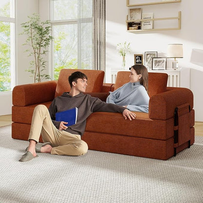 Antetek Convertible Sofa Bed, Comfy Corduroy Fluffy Love seat Sleeper Sofa, 5 in 1 Folding Couch Bed, Fold Out Floor Couch with Pillows for Bedroom, Living Room, Office, Pinstripe, Orange