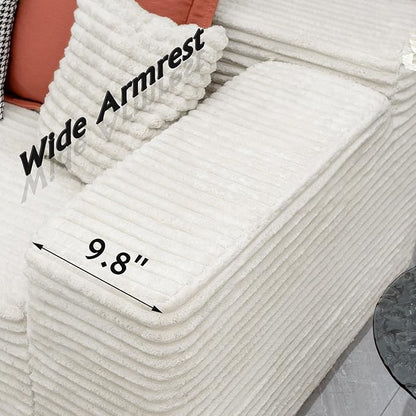 3-Piece Boneless Modular Sectional Sofa, Cloud Couch, Right Facing Chaise with Ottoman, Oversized Deep Seat, Soft Corduroy Fabric, Sectional Couch for Living Room-White