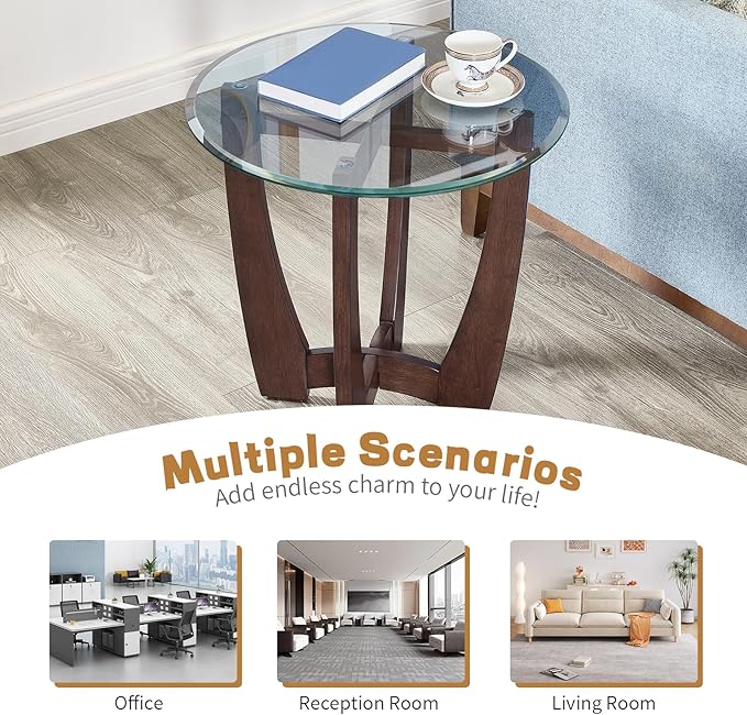 LKTART Glass End Table, 23.5" Round Side Tables with Tempered Glass Top Cross and Solid Wood Base Small Night Stand for Living Room Office Apartment Cherry
