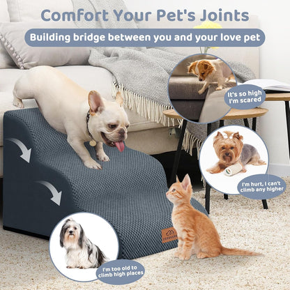 Dog Ramp and Stair for Bed 16" H-20 H,3-Step Cat Stair for Sofa and Chair,4-Step Dog Ramp for High Bed and Window,Durable Nonslip Fabric Cover for Indoor (Dark Grey-16 H, Pet Friendly, 3)