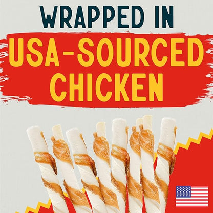 Canine Chews Chicken-Wrapped Rawhide Twists for Dogs - Pack of 100 U.S.A. Sourced Chicken Wrapped Rawhide Dog Treats, Sticks for Dogs - Premium & Natural Beefhide Chews