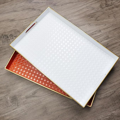 Orange Decorative Coffee Table Tray, Rectangular Plastic Serving Tray with Handles for Living Room, Ottoman, Bathroom, 15.7"*10.2"
