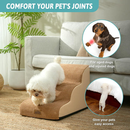 Dog Stairs for Small Dogs 15.7" H, Curved Dog Step for Puppy, Older Cat, Medium Pet Ramp for Sofa, Couch or Chair, Ladder with High Density Foam, 15.7x22.4x15.7 inch, 3 Step, Light Brown