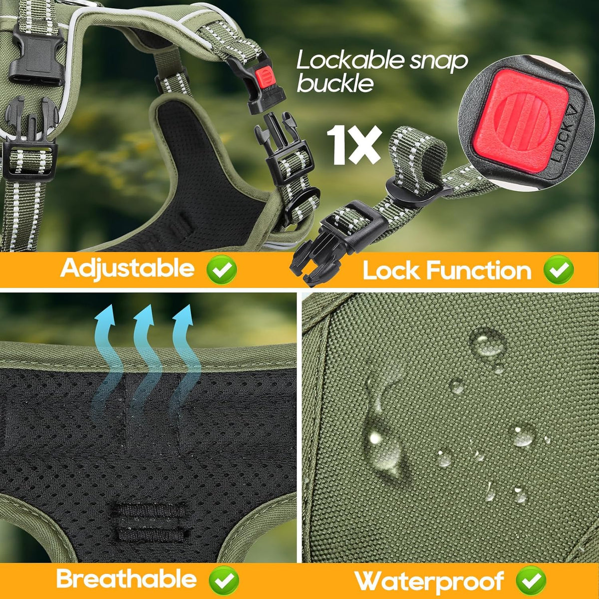 Timos Dog Harness Small Sized, No Pull Pet Harness with Neck Lockable Snap,No Choke Front Clip Dog Reflective Vest,Adjustable Metal Rings 3 Buckles,Easy Control Handle for Small Dogs Green S