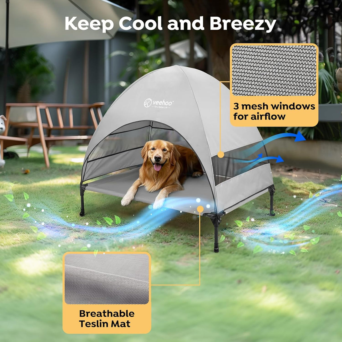 Veehoo Outdoor Dog Bed with Canopy, Cooling Elevated Pet Cot with Removable Shade, Non-Slip Feet, Raised Dog Cot for Large Dogs, Pet Tent Bed for Camping, Beach, Large, Grey, CWC2411