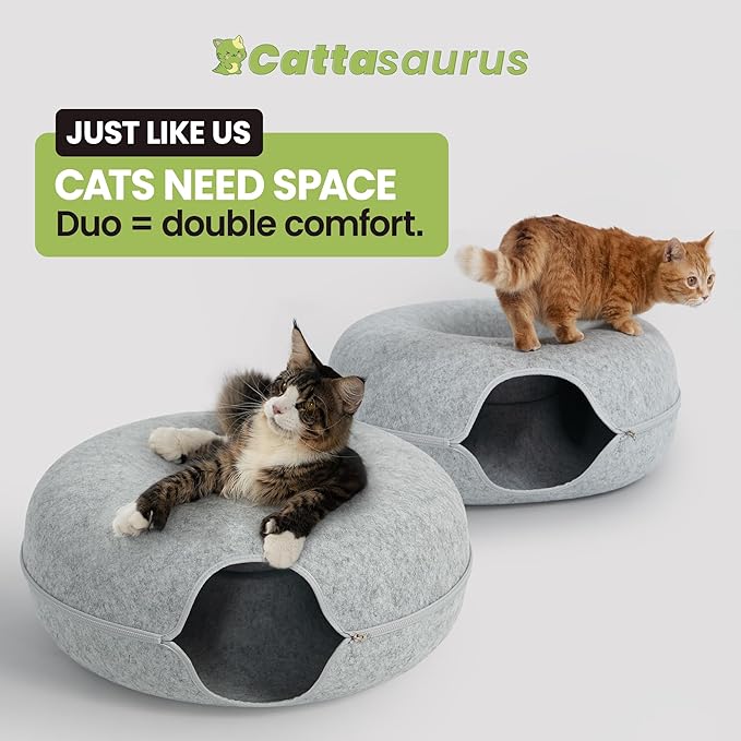 Cattasaurus Peekaboo Cat Cave, Extra Spacious for Multiple & Large Cats 12+ lbs, Scratch Detachable Beds for Indoor Cats, Washable Tunnel Bed, Comfy Cat Donut Tunnel (Light Gray+Light Gray, Jumbo)