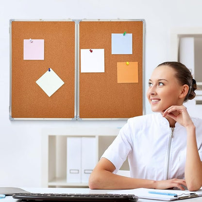 60"x40" Tri-fold Cork Board Whiteboard Combo, Foldable Combination Magnetic Dry