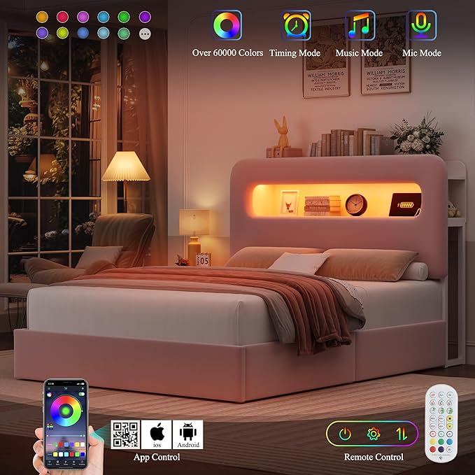 HOSTACK Full LED Bed Frame with Storage Headboard and Charging Station, Girls Bed Frame with 4 Drawers and USB Ports, Velvet Upholstered Platform Bed Frame with Bookcase, No Box Spring Needed, Pink