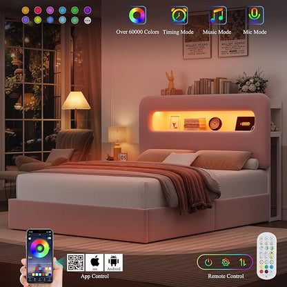 HOSTACK Full LED Bed Frame with Storage Headboard and Charging Station, Girls Bed Frame with 4 Drawers and USB Ports, Velvet Upholstered Platform Bed Frame with Bookcase, No Box Spring Needed, Pink