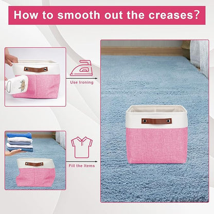 Storage Bins Large Fabric Storage Baskets for Shelves 3 Pack, Decorative Linen Closet Baskets with Handles for Organizing, Shelf, Clothes, Home, Office, 15x11x9.5Inches (Pink&White)