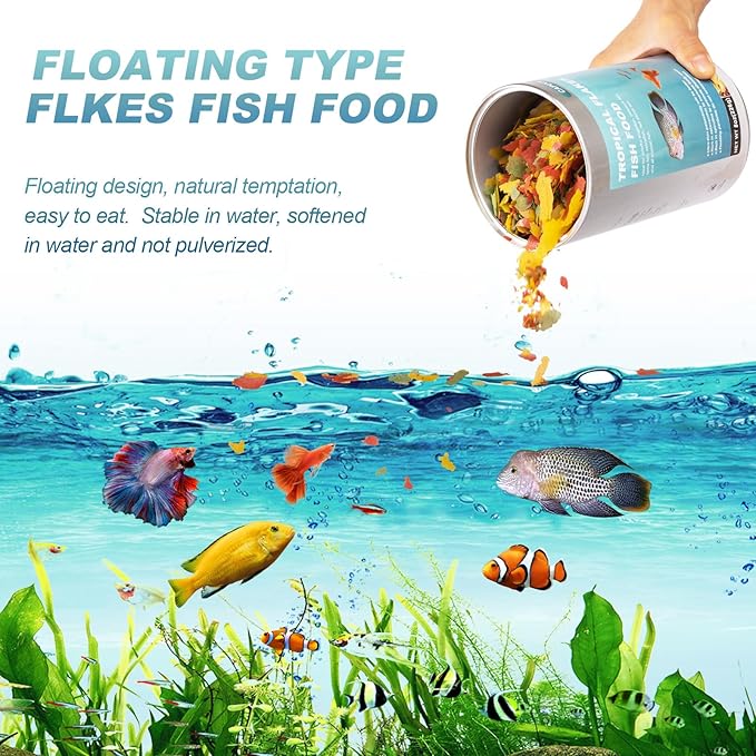 8 OZ Ultrathin Tropical Fish Flakes - High Protein with Krill & Spirulina for Betta, Guppies, Tetra, Angelfish, Color Enhancing Fast Growth Formula