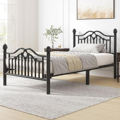 Twin Metal Platform Bed Frame for Kids, Bed Frame with Victorian Headboard and Footboard, Strong Metal Slats Support, No Box Spring Needed, Easy Assembly, Noise Free, Black