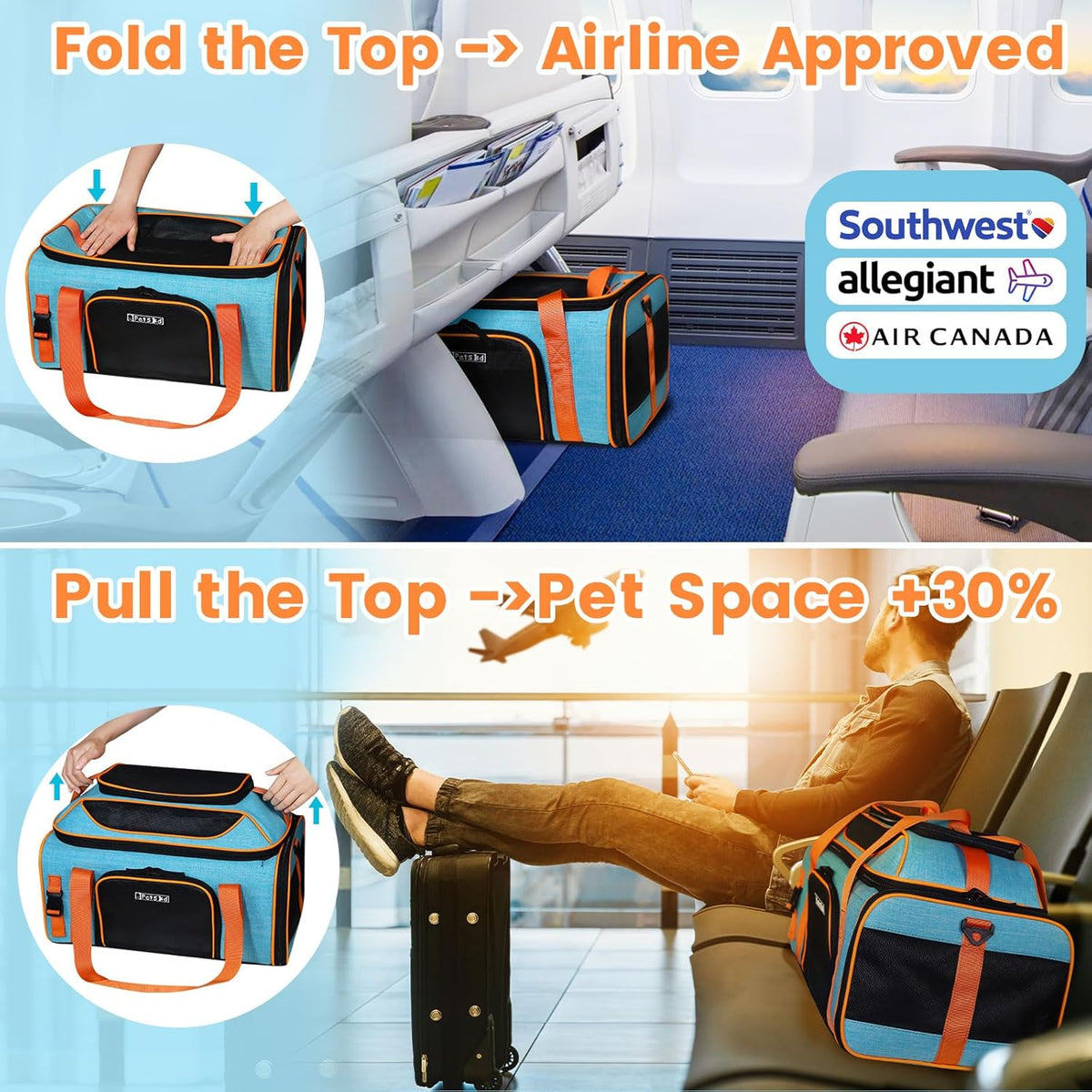 Petskd Top-Expandable Pet Carrier 19x13x9 Inches Southwest Allegiant Airlines Approved, Soft-Sided Carrier for Small Dog Under 12 lbs and Large Cat Under 15 lbs(Blue)