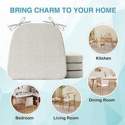 Chair Cushions for Dining Chairs Set of 4, Non Slip Kitchen Chair Pads, 17" x 16" x 2", Indoor Dining Chair Cushions with Ties, D-Shaped Seat Cushions for Kitchen Chairs, Beige