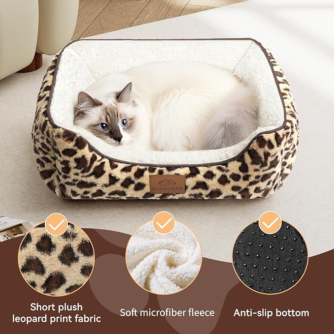 Rectangle Cat Dog Bed for Large Medium Small Pets Indoor Outdoor Machine Washable Sleeping Sofa Non-Slip Bottom Soft Puppy Bed Durable Orthopedic Calming Pet Cuddler (Small, Leopard)