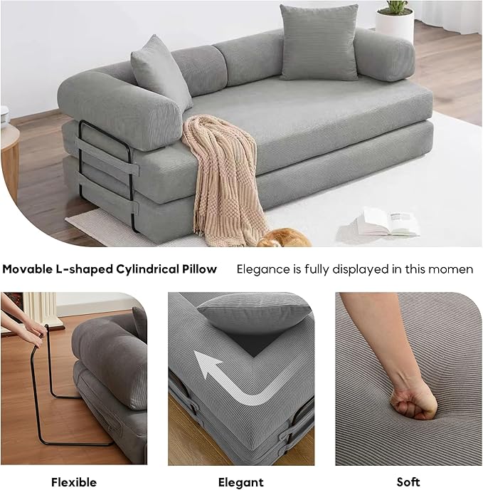 Convertible Sleeper Sofa Bed with Cylindrical Pillow, Corduroy Folding Mattress Couch with Fixed-Shape Frame, Floor Sofa Lounge Couch for Living Room Bedroom Lounge Studio-Grey