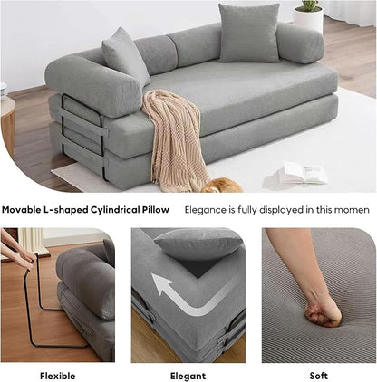 Convertible Sleeper Sofa Bed with Cylindrical Pillow, Corduroy Folding Mattress Couch with Fixed-Shape Frame, Floor Sofa Lounge Couch for Living Room Bedroom Lounge Studio-Grey