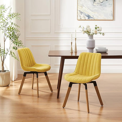 Art Leon Swivel Dining Chairs Set of 2, Mid Century Modern Kitchen Dining Room Chairs, Upholstered Fabric Armless Side Chair with Wood Legs for Living Room Bedroom, Yellow