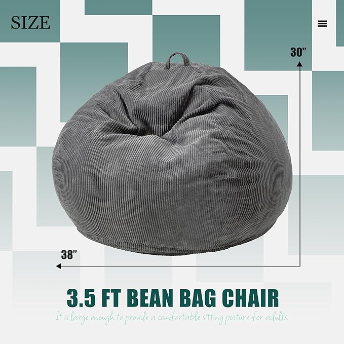 Hobestluk 3.5FT Bean Bag Chair Large Bean Bag with Filler Included Bean Bag Chairs for Adults Teardrop Bean Bag Chair with Removable Cover for Bedroom Living Room - (Large, Grey)