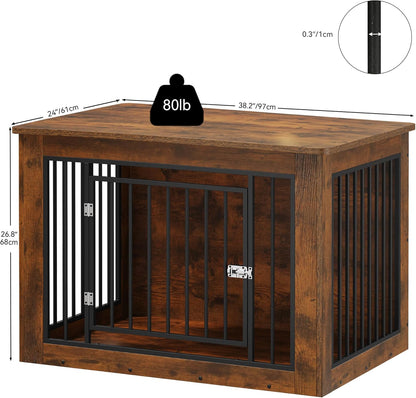 YITAHOME Dog Crate Furniture for Large Dogs, Side End Table, Modern Dogs Kennel Indoor up to 60 lb, 2-in-1 Iron-Wood Fusion Dog Cage with Waterproof Top, Safety Corners, Steel Lock,38"L, Rustic Brown