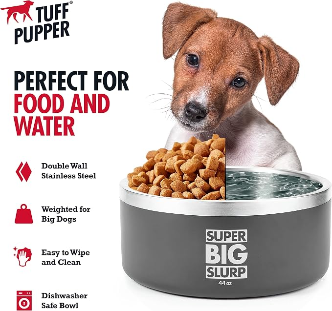 Tuff Pupper Heavy Duty Insulated Dog Bowl | Double Wall Stainless Steel Dog Food Dish | Non-Slip Spill Proof Dishwasher Safe Cat Bowl | Water Dish for Feeding Large Medium Small Pets (44oz, Grey)