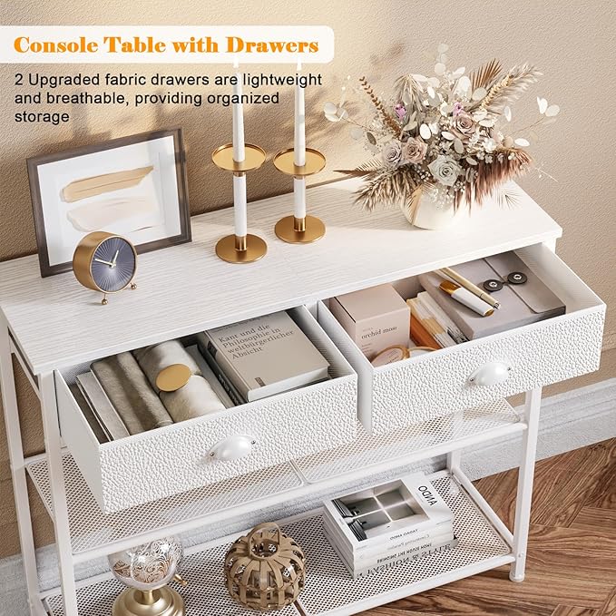 Furologee 30'' Entryway Table, White Console Table with Storage, Narrow Sofa Table with 2 Drawers and 2 Shelves for Hallway, Living Room, Bedroom, Foyer, Couch, Tv