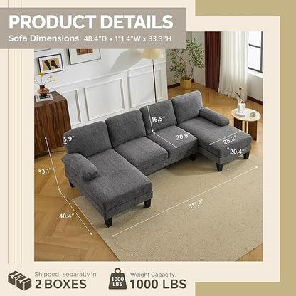 VINGLI 110' U-Shaped Sectional Couch with Two Chaise, Affordable Small Sofa with 4 Seats, Chenille Fabric Comfy Couches for Living Room, Dark Grey