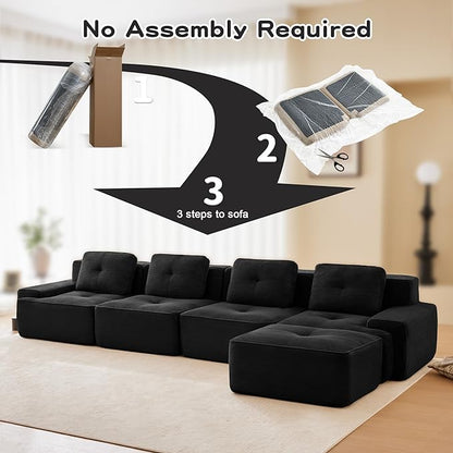 150.4'' Sectional Sofa, 32D Foam Corduroy Boneless Couch with Pillow, Deep Seat Wide Arm Sectional L Shaped Couch for Living Room, Apartment, Bedroom
