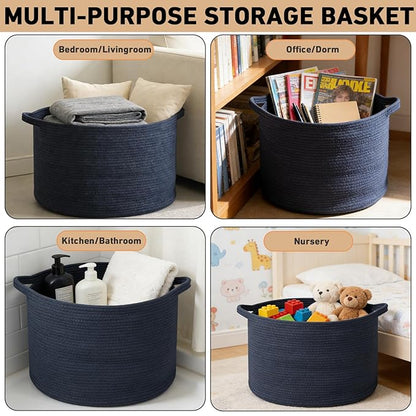 90L Large Blanket Basket,21.7"L x 21.7"W x 13.8"H Rope Woven Baskets with Handles, Toys Storage Bins,Laundry Basket Perfect for Living Room, Nursery,Bedroom,Home Organization,Dark Blue