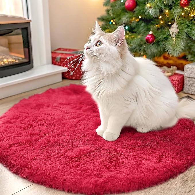 OLANLY Red Round Rugs for Bedroom - Machine Washable, 2 ft Circle Area Rugs for Living Room, Soft and Fluffy Shaggy Carpet for Teen Girls and Boys, Nursery Rooms, Dorms, Home Decor Aesthetic