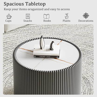 Grey Round Coffee Table with Sintered Stone Tabletop, 17.71" Drum Coffee Table with Fluted PU Leather Covered and Stable Base, Circle Cocktail Tea Table for Living Room