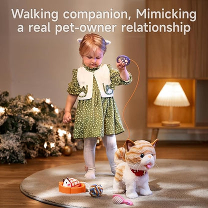OR OR TU Walking Talking Toy Cat with Remote Control Leash, Plush Pet Electronic Interactive Toys for Kids, Wag Tail, Singing, Pretend Dress Up Realistic Stuffed Cat Age 3 4 5+ Years Old Best Gift
