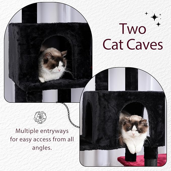 Hey-brother Cat Tree Tower, Scratching Posts with a Extended Part, Wide Platforms, Cozy Condos, Hammocks, Sisal Columns and Ball for Indoor Cats, 70.1 Inches, Black and Red MPJ038BR