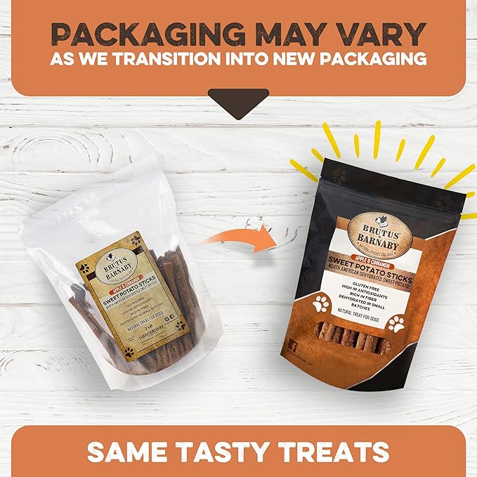 BRUTUS & BARNABY USA Sweet Potato Dog Treats - Crunchy Grain Free Cinnamon Apple Sticks, Promotes Positive Gut Health with Natural Anti-Diarrhea Properties (Cinnamon & Apple, 8 oz)
