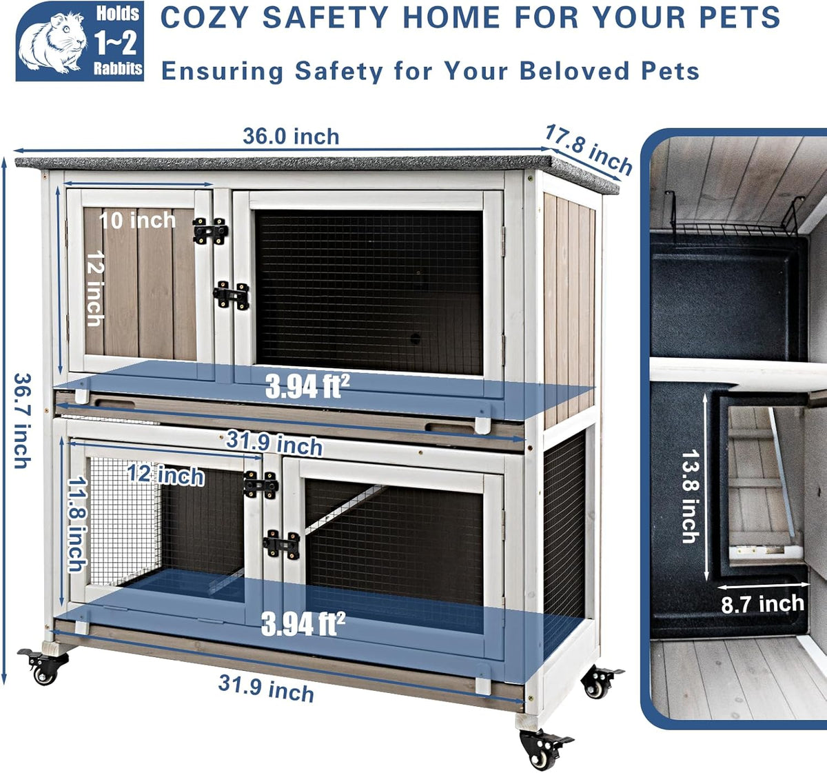 36" L Guinea Pig Cages Wooden, 2 Story Rabbit Cage Indoor Guinea Pig Habitat on 4 Metal Wheels and 2 Deeper Pull-Out Trays, Ramp, Leak Proof Guinea Pig Cages Indoor Small Animal Cage, Grey