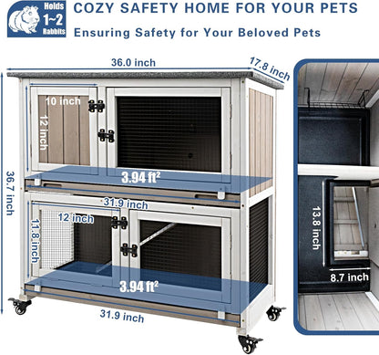 36" L Guinea Pig Cages Wooden, 2 Story Rabbit Cage Indoor Guinea Pig Habitat on 4 Metal Wheels and 2 Deeper Pull-Out Trays, Ramp, Leak Proof Guinea Pig Cages Indoor Small Animal Cage, Grey