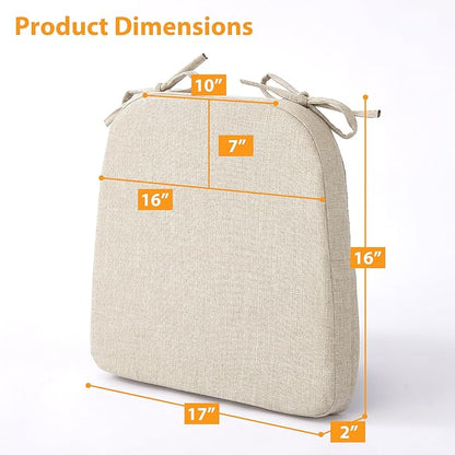 Ruqmuis Chair Cushions for Dining Chairs, 2" Thick Seat Cushions for Kitchen Chairs, D-Shaped Chair Pads with Washable Cover, Ties and Non Slip Backing, 17'' x 16'', Set of 2, Beige