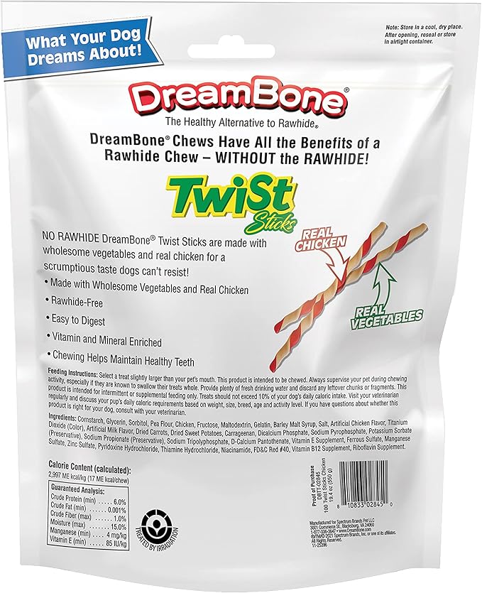 Dreambone Twist Sticks Rawhide Free Dog Chews, Made with Real Chicken, 100 Count (Pack of 1)